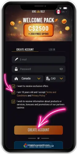 Casino sign-up form with Canada and CAD selected
