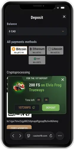 Casino deposit screen with crypto methods and CAD balance